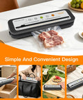 Heavy Duty Vacuum Sealer Machine With Slick One Touch Control And Built In Cutter Bags For Meal Prepping Meat Seafood And Veggies Killer Airtight Freshness Saver on countertop with meat in vacuum bag.