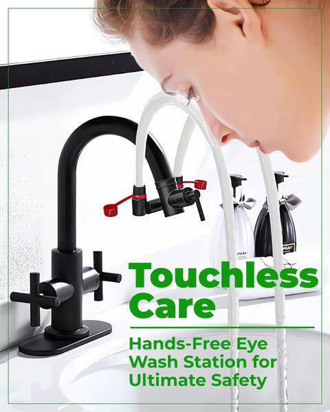 Faucet Mounted Emergency Eye Wash Station Kit With Instant Activation shown in use on a sink, demonstrating water flow.