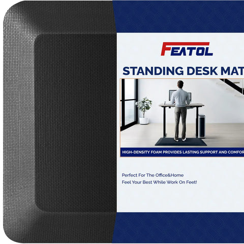 Image of Extra Thick Anti Fatigue Desk Mat For Standing With Memory Foam, Ergonomic Comfort For Home And Office All Day, Large 20 By 59 Inch Black Standing Mat showing packaging and product texture.