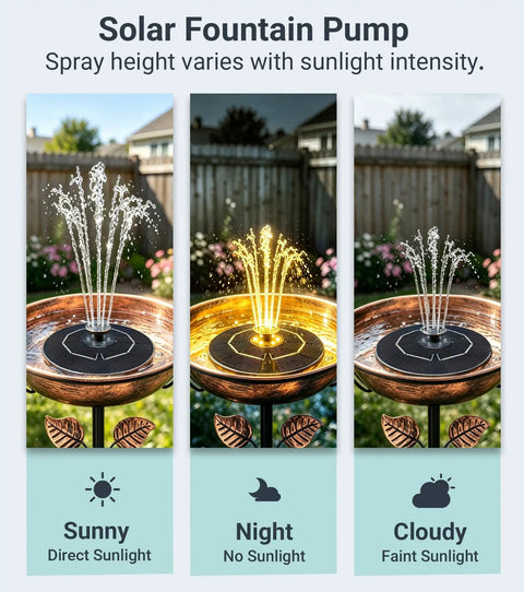 Solar Bird Bath Fountain With LED Lights And Battery Backup No Fuss Floating 6.3 Inch Pump For Pond Garden And Outdoor Decor 9V2W Panel 5 Nozzles Powerful Water Spray Works On Cloudy Days, shown in various sunlight conditions.