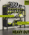 Power Tool Organizer Cart With Charging Station For 8 Drills Heavy Duty Standing Garage Storage Rack Utility Tool Shelf With Side Pockets Black Finish features tool slots, storage area, and charging station on display in garage setting.
