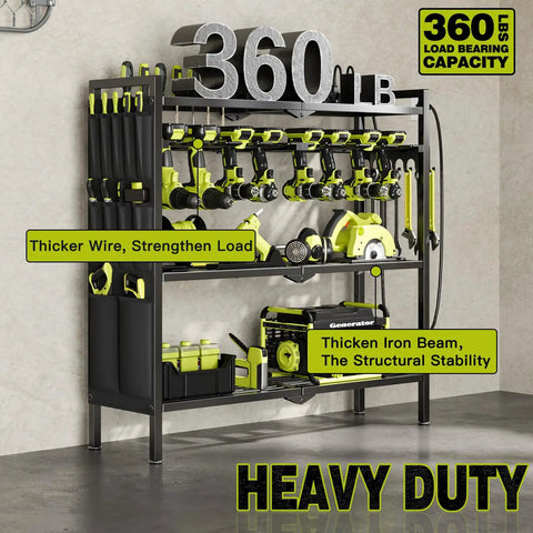 Power Tool Organizer Cart With Charging Station For 8 Drills Heavy Duty Standing Garage Storage Rack Utility Tool Shelf With Side Pockets Black Finish features tool slots, storage area, and charging station on display in garage setting.