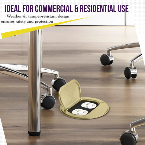 Brass Flip Lid Floor Box Cover 4 Inch Diameter With 20A Tamper Weather Resistant Duplex Receptacle And Watertight Gaskets UL Listed in office setting