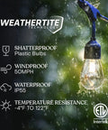 Ambience Pro 48 Ft Solar Outdoor String Lights With 15 Shatterproof 1W LEDs in rain showcasing waterproof and durable features
