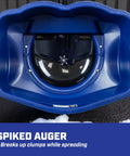 View of spiked auger mechanism inside Boss Pro Grade Salt Spreader For Ice Melt With 80 Lb Capacity, Walk Behind Contractor Model.