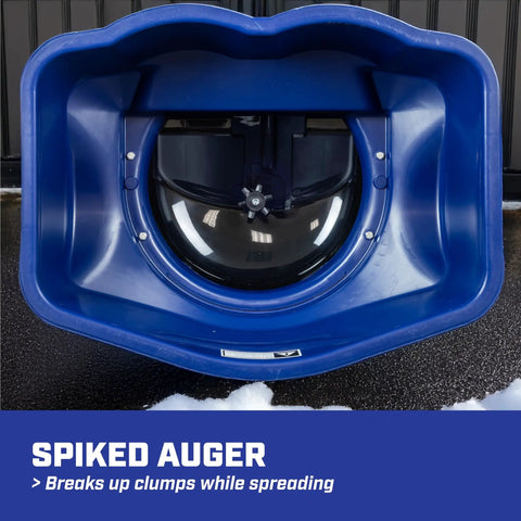 View of spiked auger mechanism inside Boss Pro Grade Salt Spreader For Ice Melt With 80 Lb Capacity, Walk Behind Contractor Model.