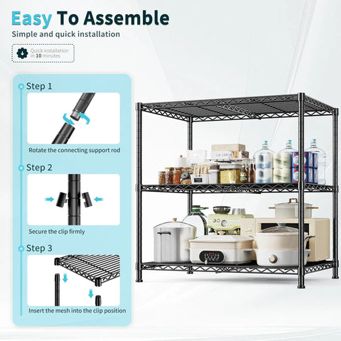 Beefy 3 Tier Adjustable Heavy Duty Metal Shelving Unit With Wire Storage Rack For Garage Pantry Or Workshop sturdy steel shelves, easy assembly shown