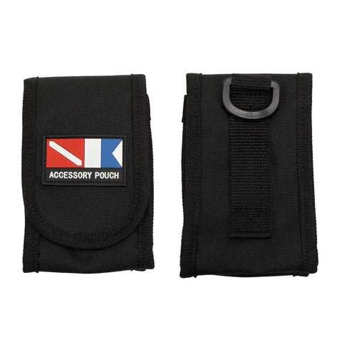Front and back view of Diving BCD Utility Pouch With 2 Inch Webbing Loop And Back Clip Holds Up To 2.5 X 2.5 X 6 Inches Of Gear Velcro Diver Logo Closure Durable Dive Accessory Bag For Tethers And Small Tools