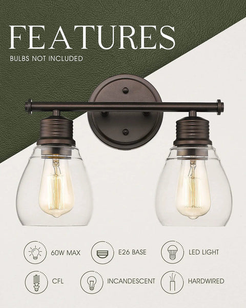 Two Light Farmhouse Vanity Light Fixture Over Mirror Wall Lamp For Bathroom With Clear Glass Shades And Oil Rubbed Bronze Finish
