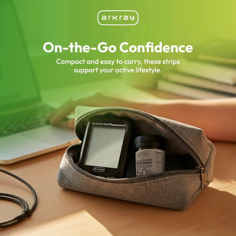 GlucoCard Expression Blood Glucose Test Strips No Coding, Tiny 0.8 Microliter Sample, portable kit on wooden desk