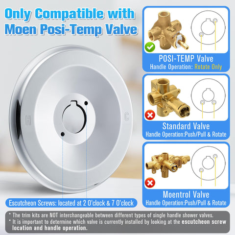 Tub And Shower Trim Kit For Moen Posi-Temp Single Handle Valves 2510 2520 2570 2590 chrome escutcheon plate diagram