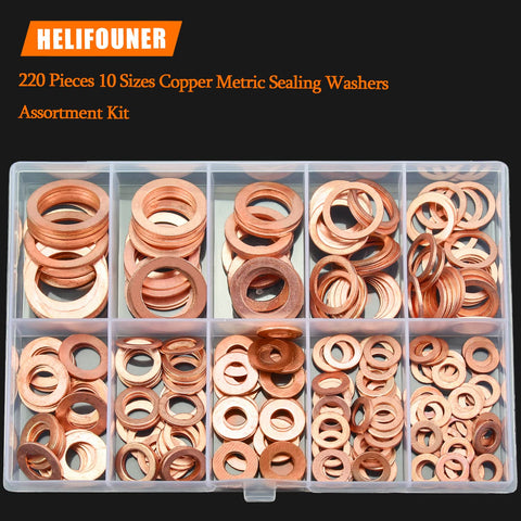 Copper Washers Kit 220 Pieces Ten Sizes M5 M6 M8 M10 M12 M14 M16 Flat Sealing Washers For Tight Seals Metric Quality