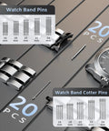Pro Grade All In One Watch Repair Kit with various watch band pins and a watch face on a metallic surface.