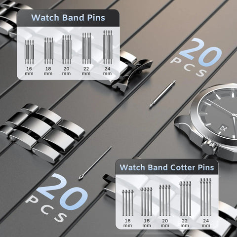 Pro Grade All In One Watch Repair Kit with various watch band pins and a watch face on a metallic surface.