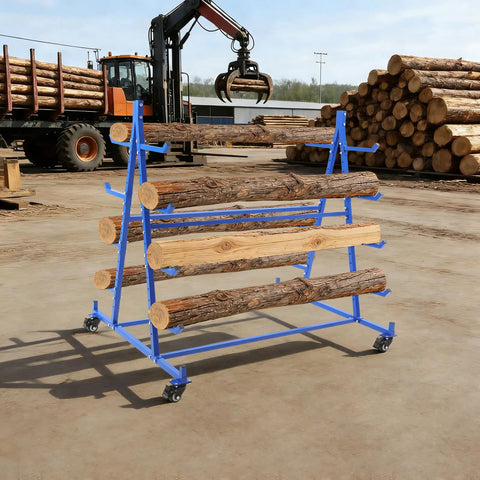 Badass Heavy Duty Lumber Rack Rolling Five Tier Pipe Holder Steel Mobile Cart Handles Five Hundred Pounds with logs