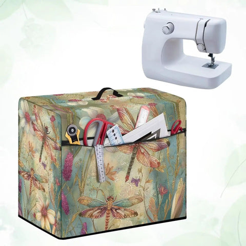 Dragonfly Flowers Sewing Machine Dust Cover With Pockets And Accessories Organizer shown with tools and sewing machine