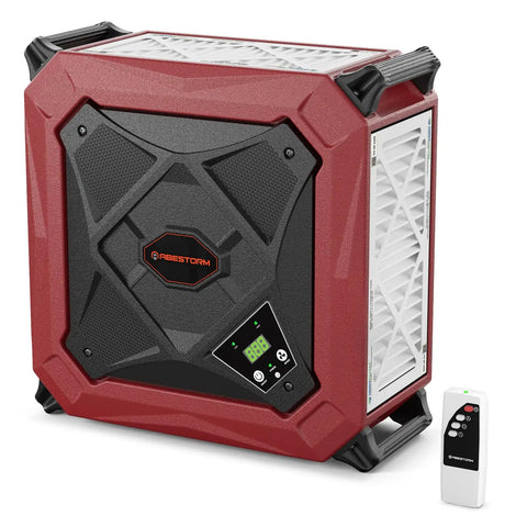 Heavy Duty Ceiling Mounted Dust Collector 1080 Cfm Wireless Remote Air Filtration System, red unit with control panel and remote.