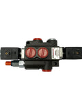 Top view of Built Tough Durable Cast Iron Monoblock Hydraulic Control Valve With 1 Spool 13 GPM Flow 3625 PSI SAE Ports 12V DC Solenoid Operated