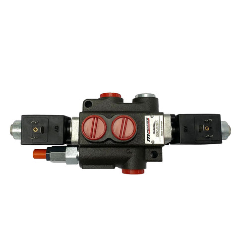 Top view of Built Tough Durable Cast Iron Monoblock Hydraulic Control Valve With 1 Spool 13 GPM Flow 3625 PSI SAE Ports 12V DC Solenoid Operated