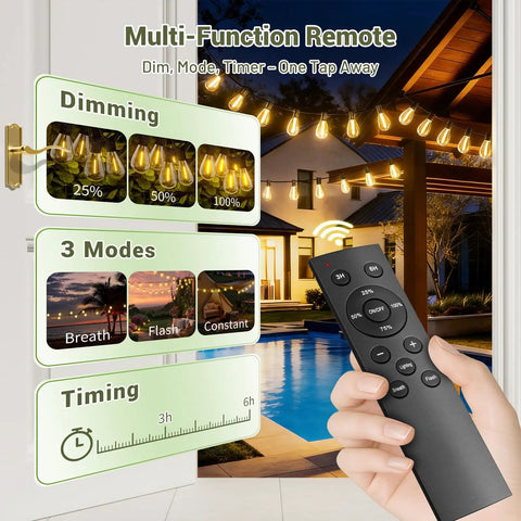 Person holding remote for 200Ft Solar String Lights Outdoor Waterproof With 72 LED Bulbs Plus 2 Spares by a lit patio poolside
