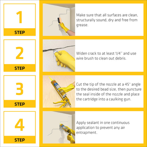 Step-by-step guide for using Concrete Fix Elastic Sealant For Cracks And Joints, Paintable Polyurethane In Limestone, 10.1 Fl Oz