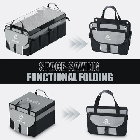 Heavy Duty Car Trunk Organizer For SUV With 63L 26L Modular Storage Foldable Waterproof Non Slip Multi Compartment Soft And Hard Covers Black M006 shown in folded and open positions