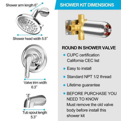 Tub And Shower Faucet Kit With 9-Setting Rain Shower Head In Chrome Finish, showing kit dimensions and components.