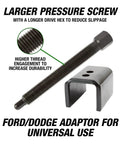 Beefy Heavy Duty Torsion Bar Removal Tool With Extended C Frame And Ford Dodge Adapter showcasing pressure screw and adaptor