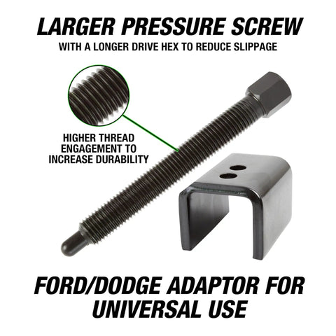 Beefy Heavy Duty Torsion Bar Removal Tool With Extended C Frame And Ford Dodge Adapter showcasing pressure screw and adaptor