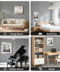Premium Wood Slat Acoustic Panels Feature Heavy Duty Sound Absorption Tech Ideal For Epic Gaming Room Accent Walls And Home Theater Backdrops Available In Clean White Marble Finish used in living room, bedroom, music room, and study.