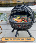 Huge 35 Inch Wood Burning Fire Pit With Built In BBQ Grill For Backyard Bonfires with grilled food and spark screen