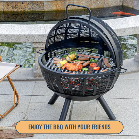 Huge 35 Inch Wood Burning Fire Pit With Built In BBQ Grill For Backyard Bonfires with grilled food and spark screen