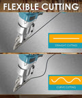 Cordless Metal Shear Cutter For Makita 18V Batteries showing straight and curve cutting options on metal surface.