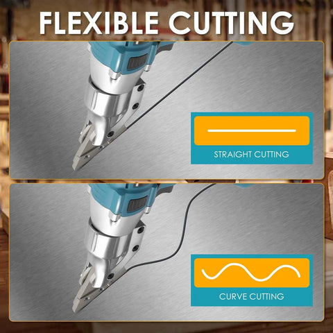 Cordless Metal Shear Cutter For Makita 18V Batteries showing straight and curve cutting options on metal surface.