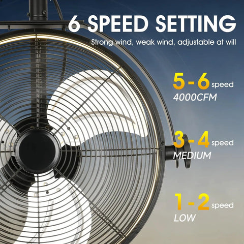 20 Inch Wall Mount Fan With Lights And Dimmable Illumination, 6 Speed High Velocity, 360 Degree Tilt, black fan with speed settings