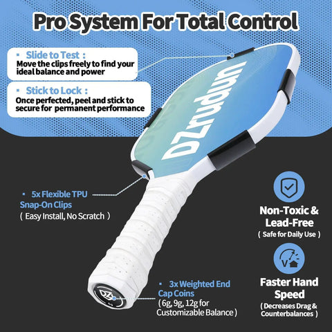 Customizable Pickleball Paddle Weight Set with 5x3g Snap Weights and End Cap Coins in 6g, 9g, 12g for edge tuning.