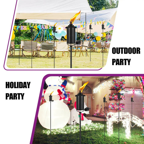 Outdoor Metal Torch Set Of Six, 16 Oz Citronella Torches with 59 Inch Adjustable Height in backyard party settings.