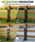 2 Pcs Heavy Duty Fence Post Repair Kit Rustproof Steel Ground Anchors shown in various weather conditions protecting fence posts.