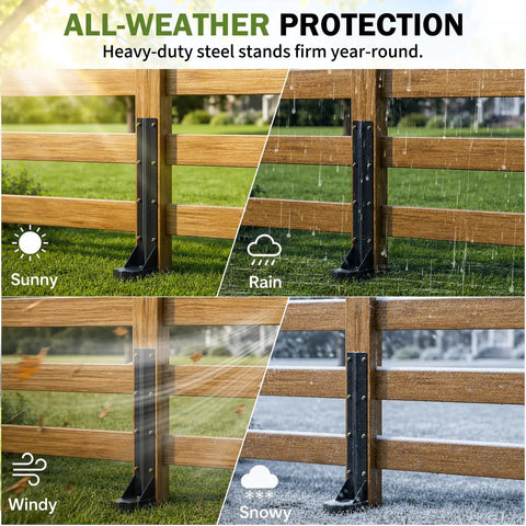 2 Pcs Heavy Duty Fence Post Repair Kit Rustproof Steel Ground Anchors shown in various weather conditions protecting fence posts.