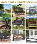 Collage showing outdoor porch swing cushion replacement for 2 to 3 seater benches with backrest on various outdoor furniture.