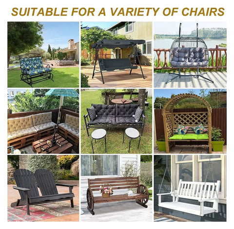 Collage showing outdoor porch swing cushion replacement for 2 to 3 seater benches with backrest on various outdoor furniture.
