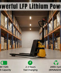 Heavy Duty Amarite Electric Pallet Jack With 4400 Lbs Capacity For Moving Heavy Goods Fast, Lithium Powered Forklift Truck With 48v Battery, Osha Compliant Electromagnetic Brake in warehouse setting.