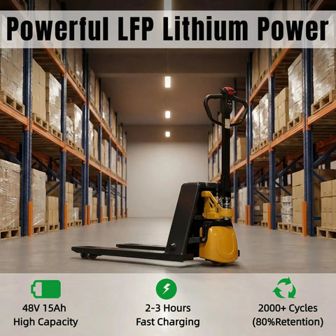 Heavy Duty Amarite Electric Pallet Jack With 4400 Lbs Capacity For Moving Heavy Goods Fast, Lithium Powered Forklift Truck With 48v Battery, Osha Compliant Electromagnetic Brake in warehouse setting.