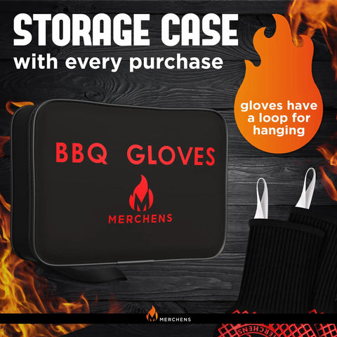 Ultimate BBQ Grill And Oven Gloves Heat Resistant To 1472F with storage case, black and red design, hanging loops visible.