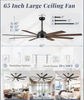 65 Inch Black Indoor Outdoor Ceiling Fan With Lights And Remote, Quiet Reversible DC Motor, 8 Blades, for various ceiling types