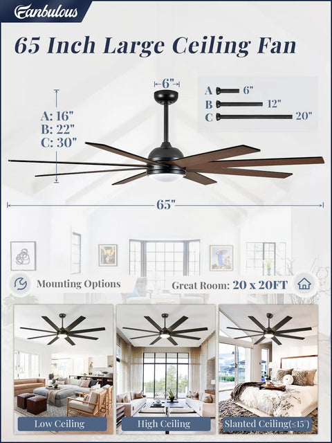 65 Inch Black Indoor Outdoor Ceiling Fan With Lights And Remote, Quiet Reversible DC Motor, 8 Blades, for various ceiling types