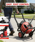 100 Foot Auto Feed Drain Snake With Three Quarter Inch Electric Drain Auger, featuring user-friendly foot control and movable wheels.