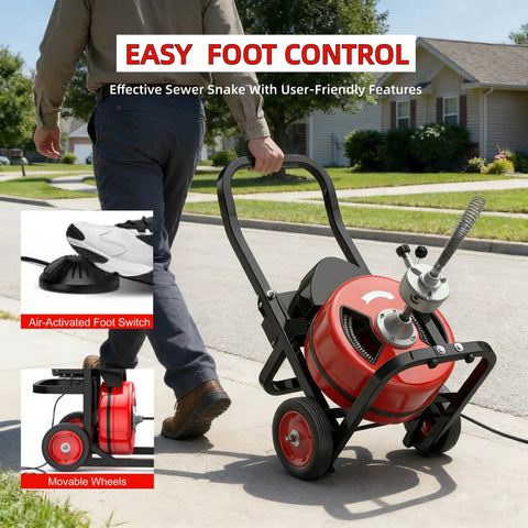 100 Foot Auto Feed Drain Snake With Three Quarter Inch Electric Drain Auger, featuring user-friendly foot control and movable wheels.