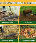 Heavy Duty Dual-Action Dethatching Rake With 19-Tine Design, Adjustable 40-57 Inch Metal Rake For Lawn Care shown in use