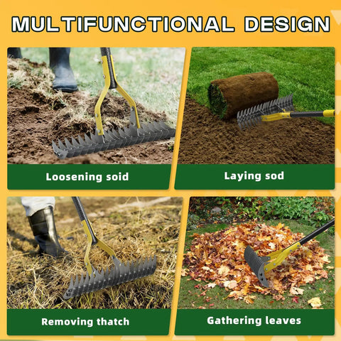 Heavy Duty Dual-Action Dethatching Rake With 19-Tine Design, Adjustable 40-57 Inch Metal Rake For Lawn Care shown in use